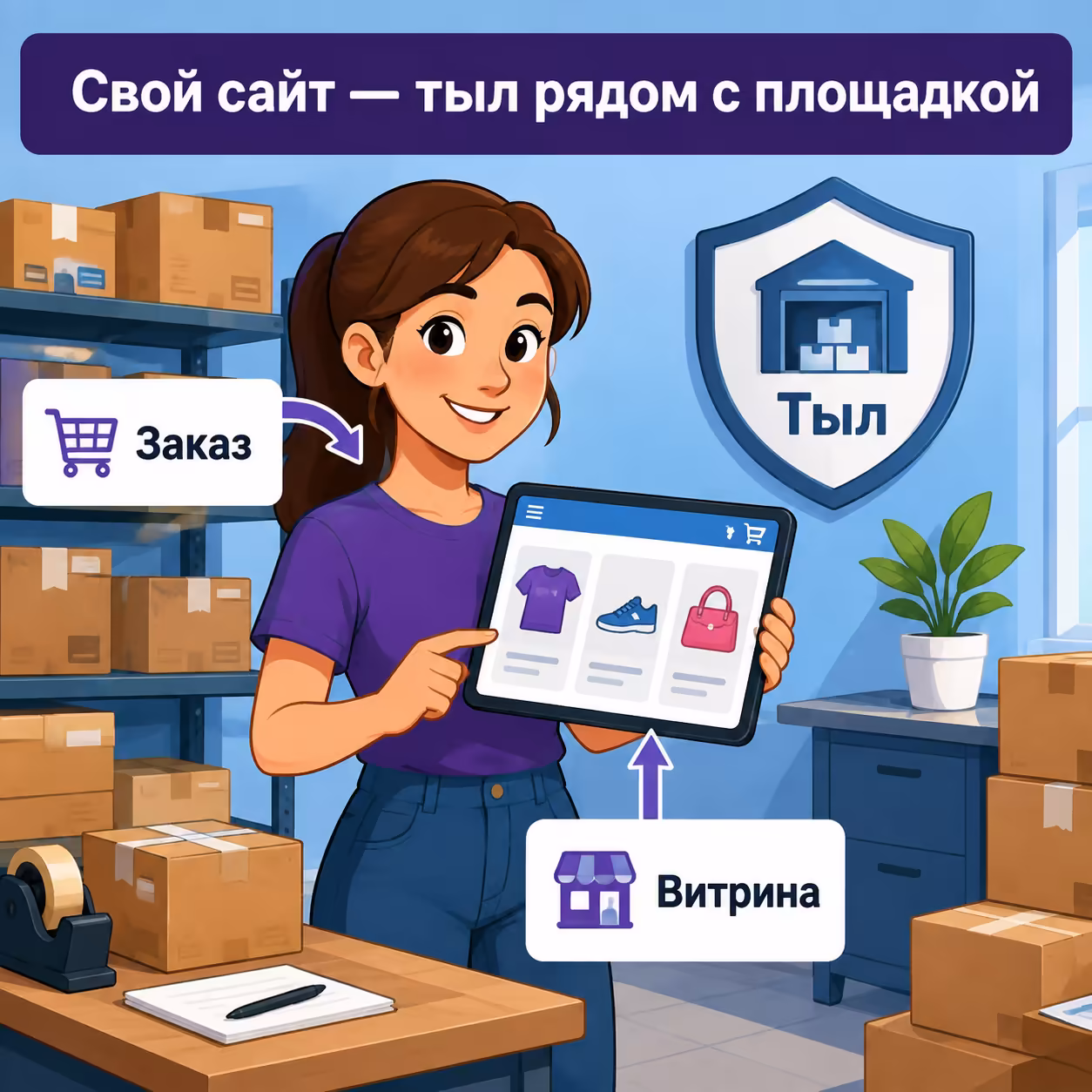 Селлер держит планшет с витриной своего сайта, рядом коробки с товарами