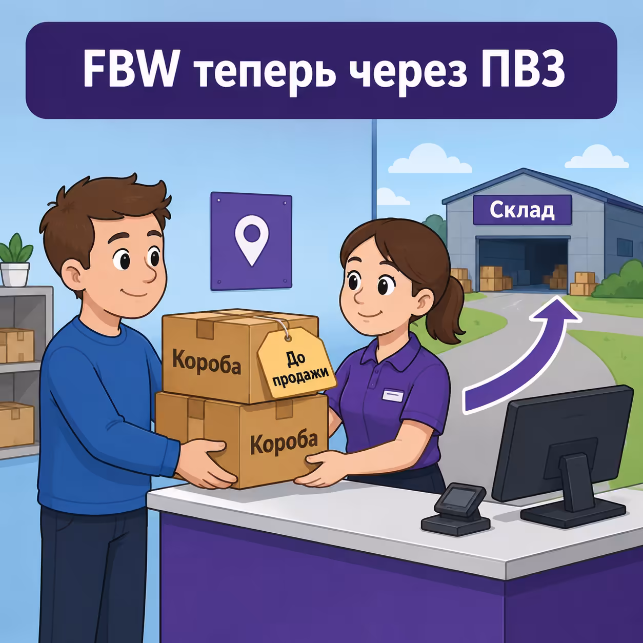 Селлер сдаёт короба в пункт выдачи, стрелка ведёт на склад маркетплейса