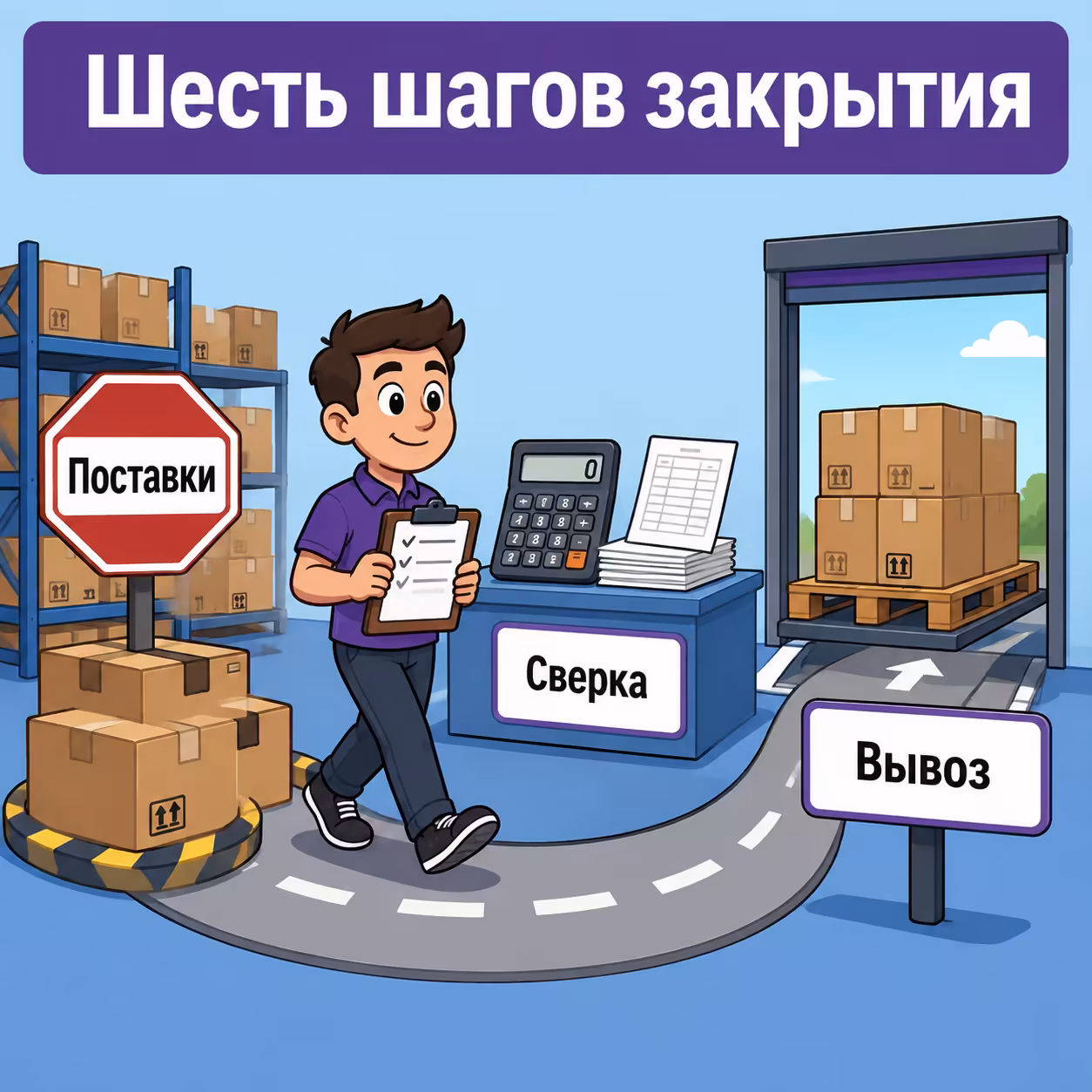 Селлер проходит чек-лист закрытия кабинета: остановить поставки, сверить расчёты, вывезти товар