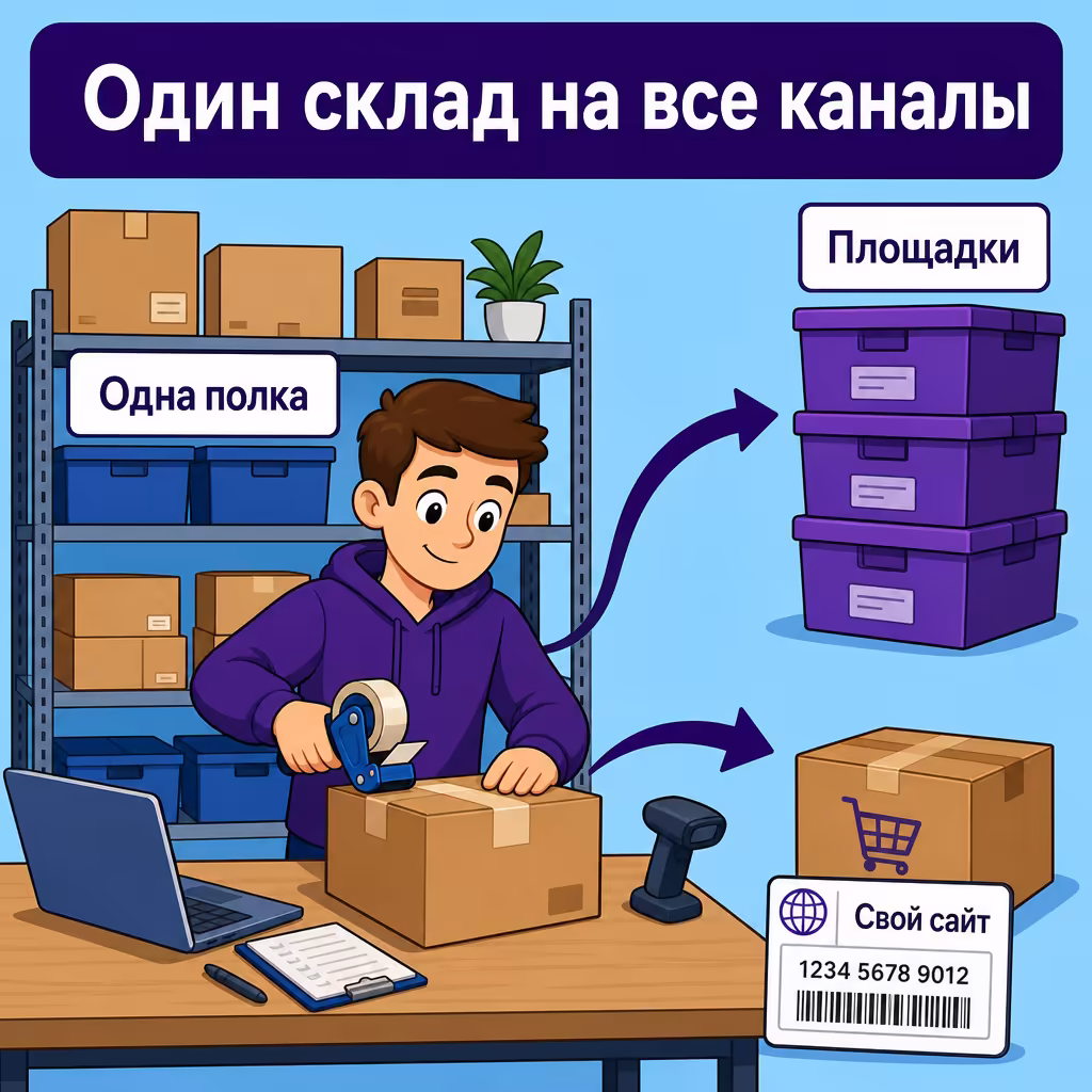 С одного стеллажа уходят заказы на маркетплейсы и в собственный магазин