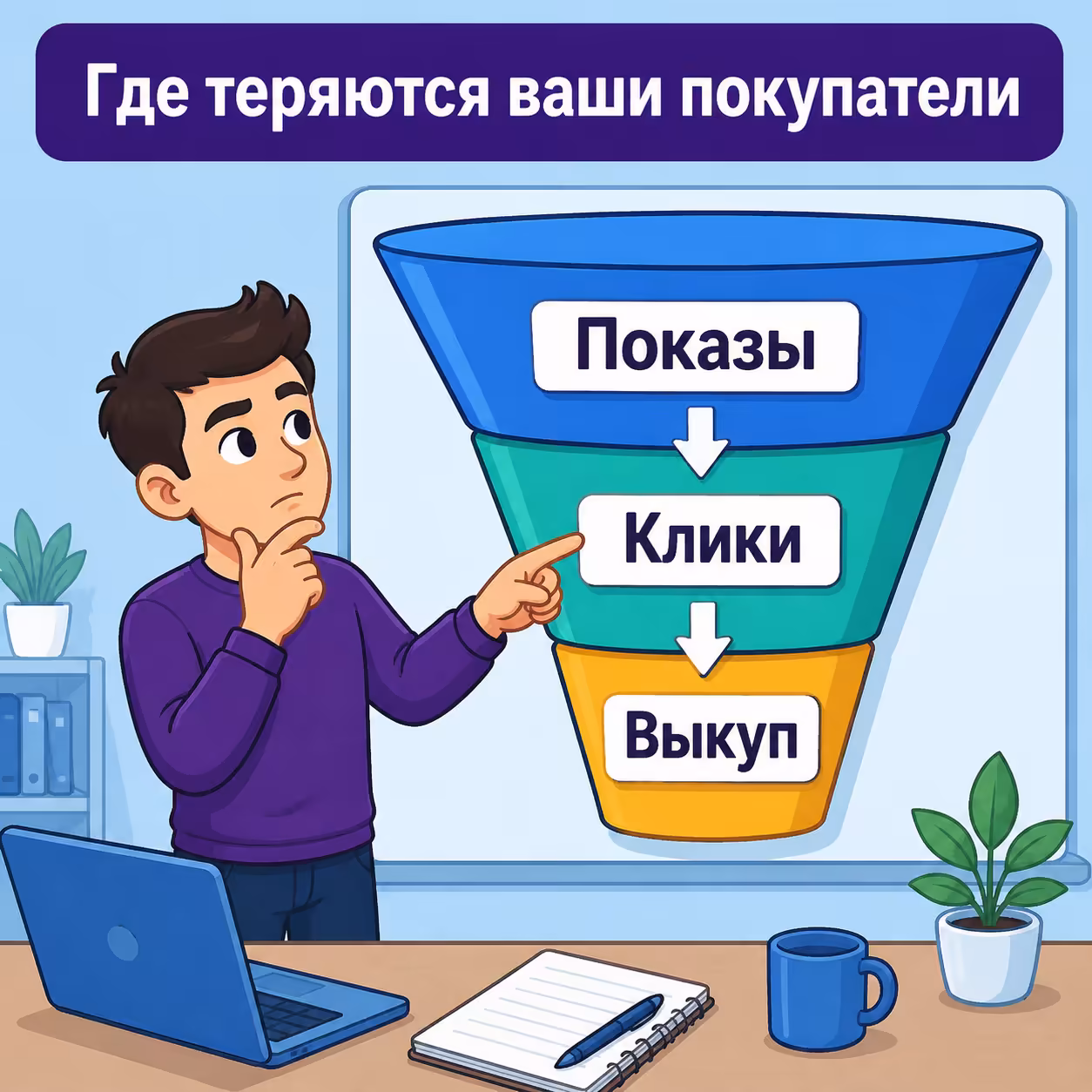 Схема воронки продаж на Wildberries с этапами показы, клики, корзина, заказ, выкуп
