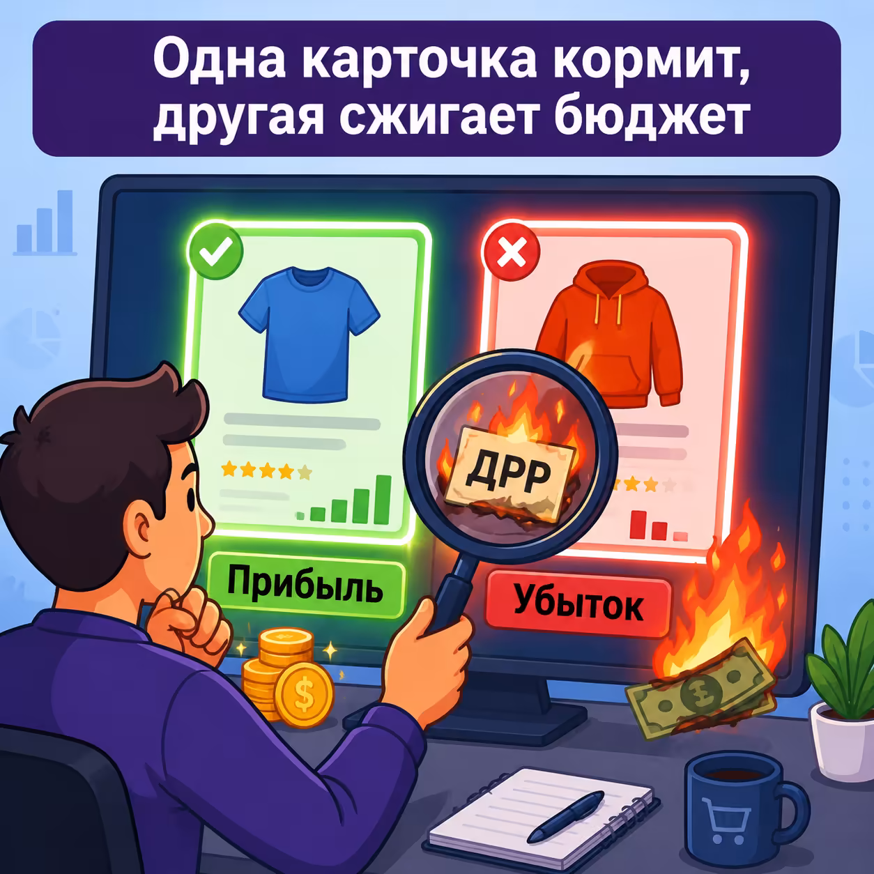 Таблица юнит-экономики с прибыльными и убыточными товарами на Wildberries